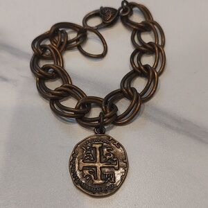 Antique Bronze Replica Coin Jerusalem Cross Bracelet 8" Adjustable